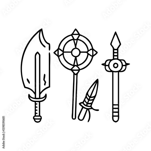 Collection of fantasy weapons line art illustration featuring sword mace dagger and spear
