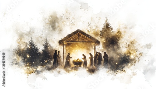 Elegant nativity scene in white and gold, capturing the spirit of christmas and biblical narrative.