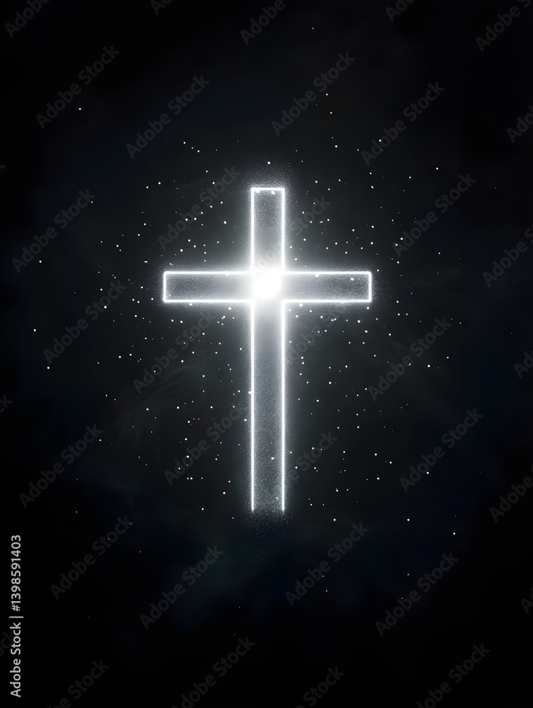 Fototapeta premium A white glowing cross on black background