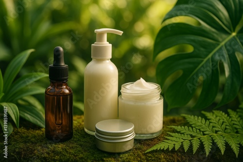 Natural Organic Skincare Products Displayed on a Mossy Surface in a Lush Gree...