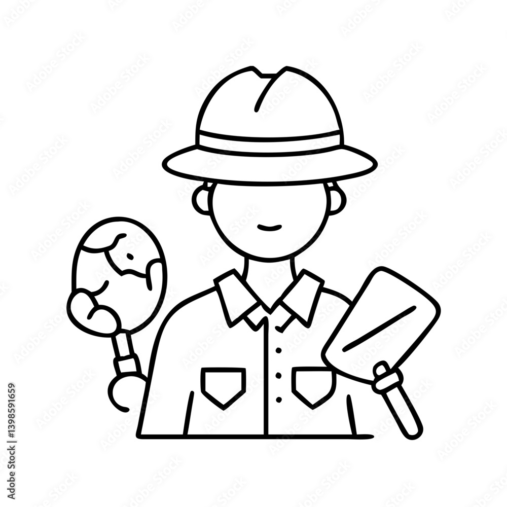A line drawing of an archaeologist exploring ancient artifacts A line drawing of an archaeologist exploring ancient artifacts