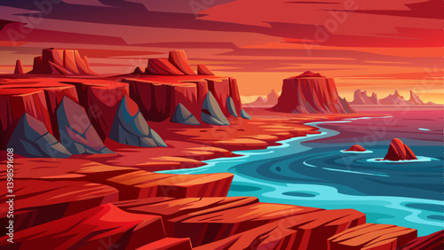 seascape landscape with glowing red rocks, flat ocean horizon with molten red stone outcroppings