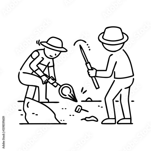 Two archaeologists excavating a dig site carefully uncovering artifacts