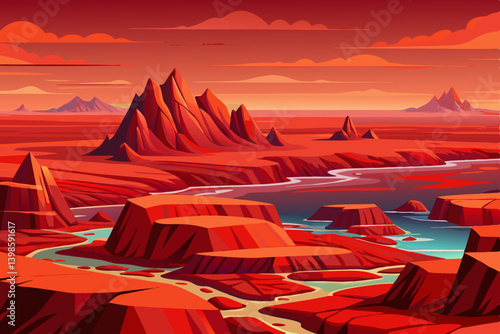 seascape landscape with glowing red rocks, flat ocean horizon with molten red stone outcroppings