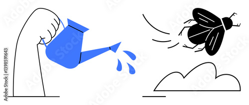 Hand pouring water from blue container towards insect in motion above a small cloud. Ideal for themes thumbs up pest control, cleanliness, environment, action, problem-solving, reaction, eco-care