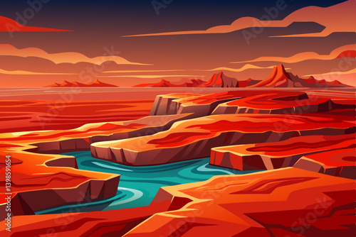 seascape landscape with glowing red rocks, flat ocean horizon with molten red stone outcroppings