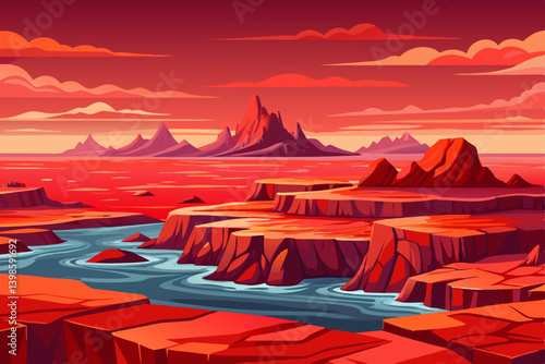 seascape landscape with glowing red rocks, flat ocean horizon with molten red stone outcroppings