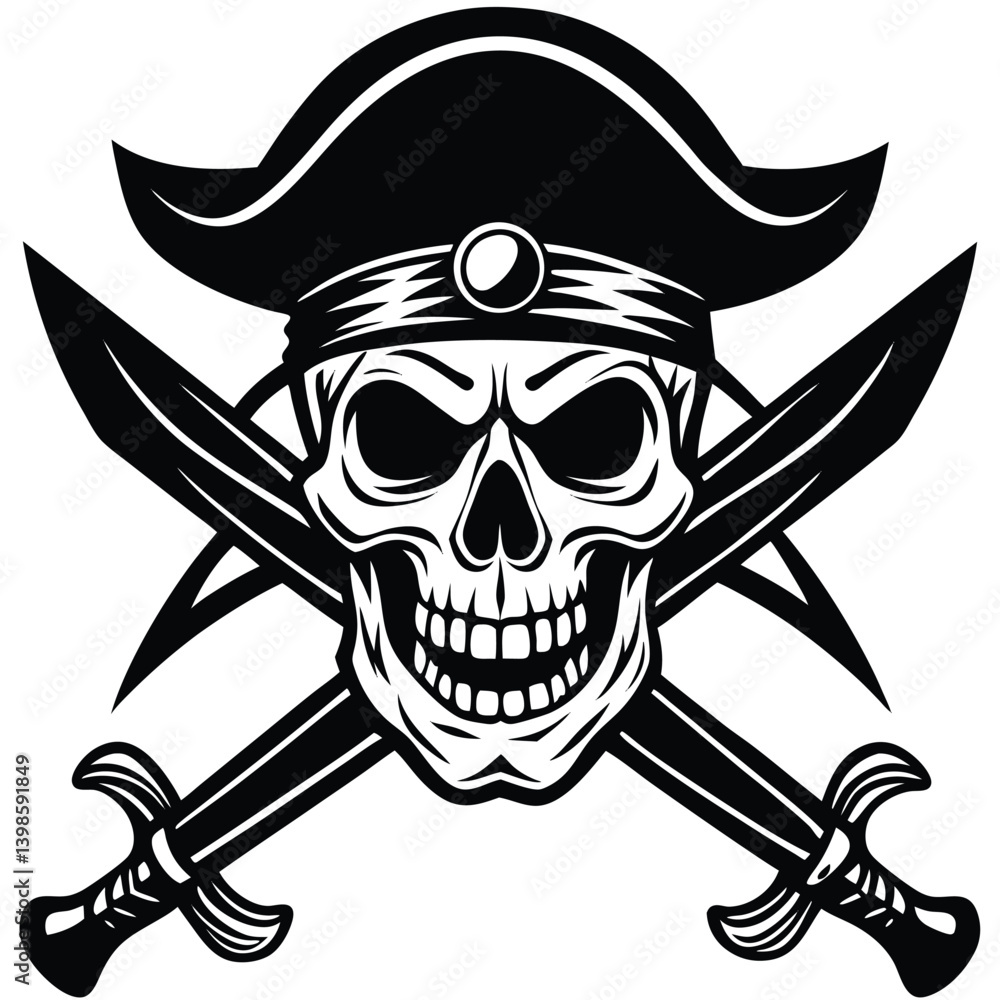 Fototapeta premium Skull and Crossed Swords Emblem Black & White Tattoo Style on White