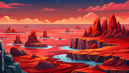 seascape landscape with glowing red rocks, flat ocean horizon with molten red stone outcroppings