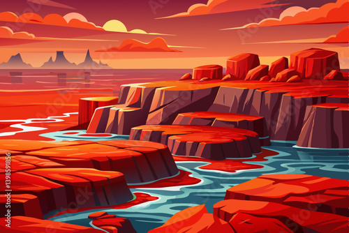 seascape landscape with glowing red rocks, flat ocean horizon with molten red stone outcroppings