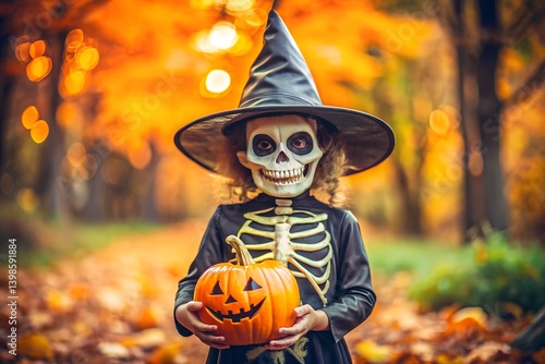 Cute Skeleton Witch with Pumpkin Bucket – Spooky Halloween Art