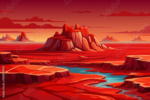 seascape landscape with glowing red rocks, flat ocean horizon with molten red stone outcroppings