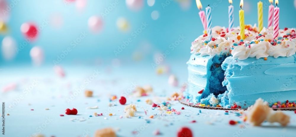 Celebration birthday cake candles confetti festive party sweet dessert blue frosting