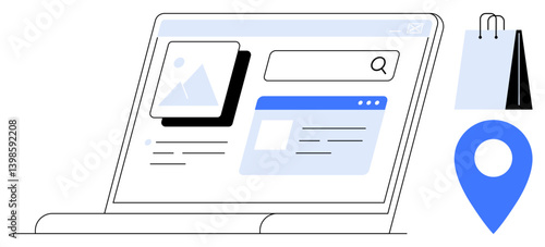 Laptop screen displaying search bar, image, and website layout. Nearby shopping bags and map pin suggest e-commerce, digital marketing, and online navigation. Ideal for e-commerce, online shopping