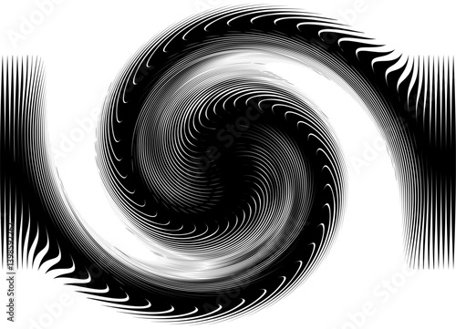 Black and white vector background with dynamic swirl pattern in the form of fluff or feather, for advertising, posters. Abstract graphics from thin lines
