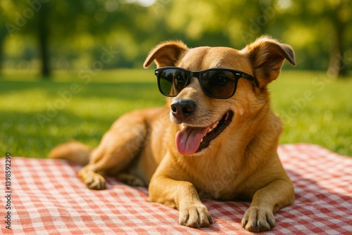 Happy Dog Enjoys Summer Day While Wearing Sunglasses on Picnic Blanket in the...