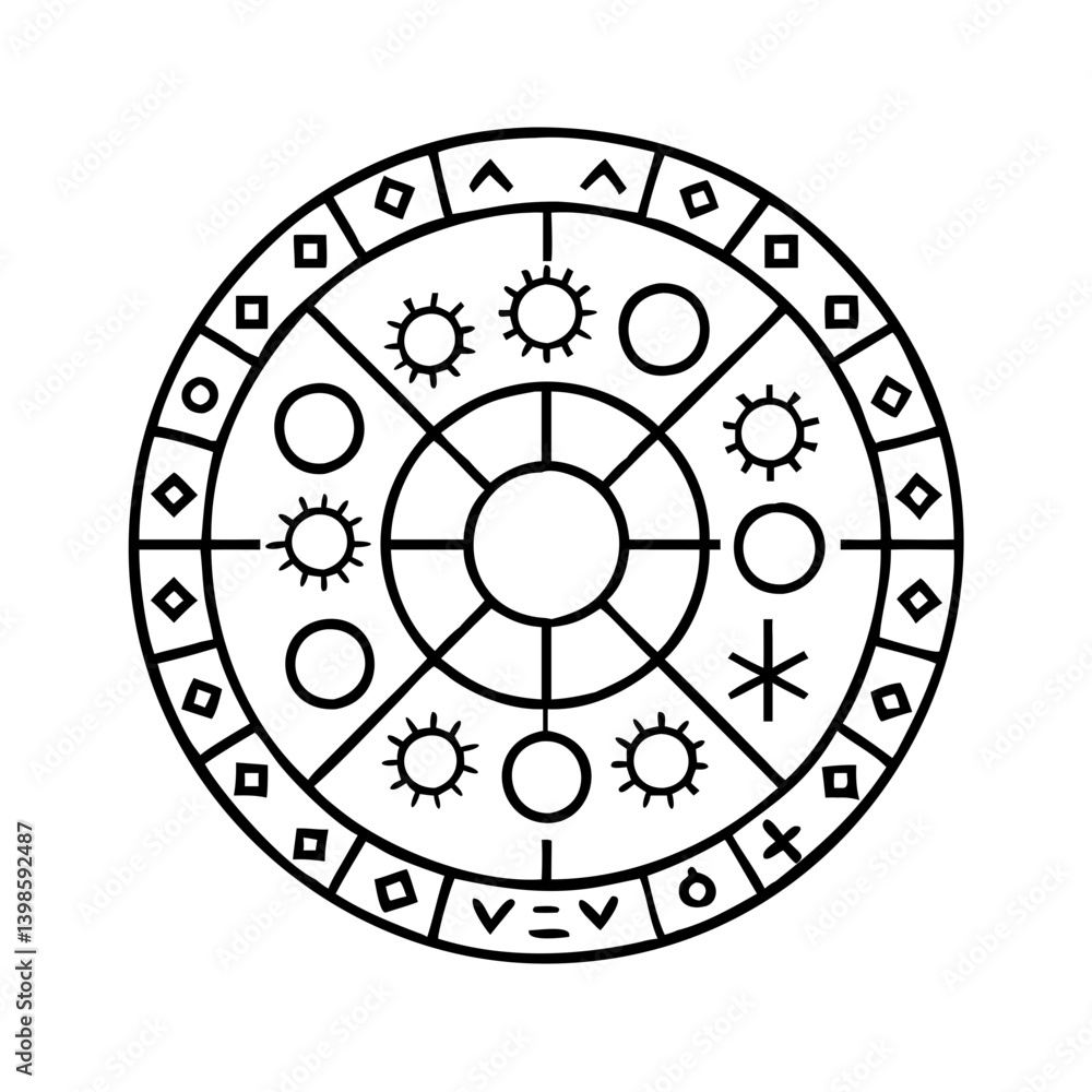 Abstract Circular Mandala Design with Geometric Symbols and Sun Motifs Abstract Circular Mandala Design with Geometric Symbols and Sun Motifs