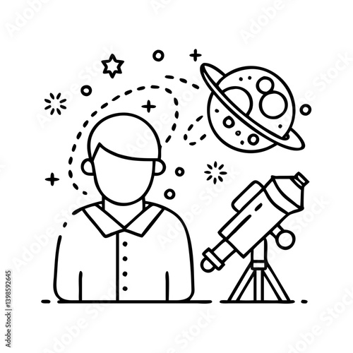 Young Astronomer Studying Planets and Stars with Telescope in Space Exploration
