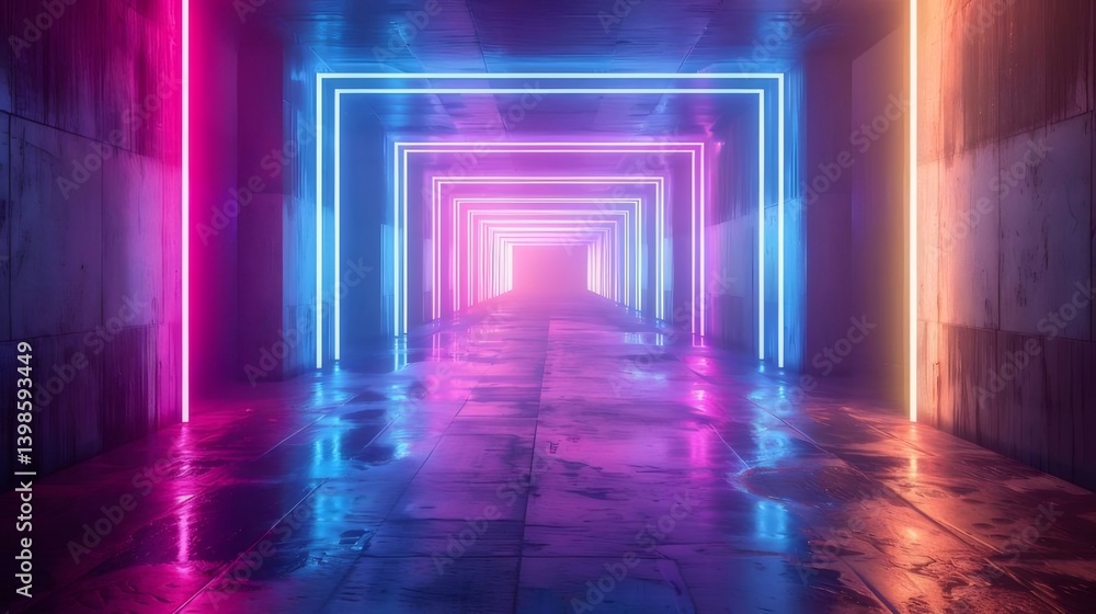 Neon Lit Tunnel Perspective With Pink Blue And Orange Lights On Wet Concrete Floor Neon Lit Tunnel Perspective With Pink Blue And Orange Lights On Wet Concrete Floor