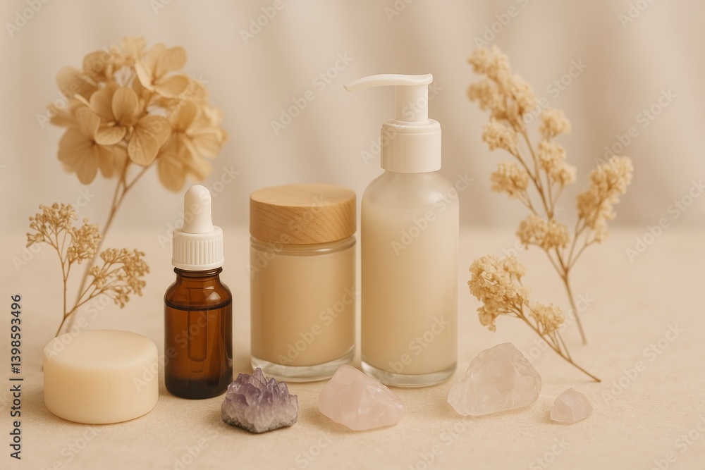 Natural Skincare Products Displayed With Crystals and Dried Flowers on a Light Background Natural Skincare Products Displayed With Crystals and Dried Flowers on a Light Background