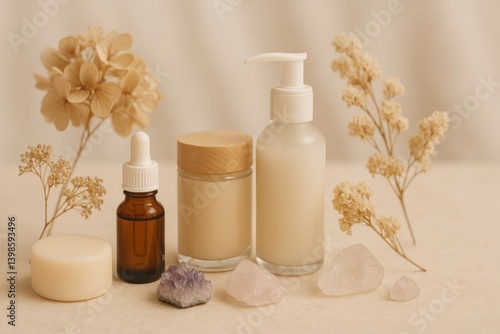 Natural Skincare Products Displayed With Crystals and Dried Flowers on a Ligh...