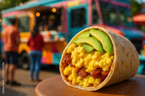 Scrambled Egg and Avocado Wrap Served at Vibrant Food Truck During Daytime St...