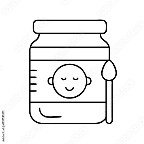 Baby Food Jar with Spoon Line Art Illustration Infant Puree Nutrition Healthy Eating Child Care Toddler Mealtime
