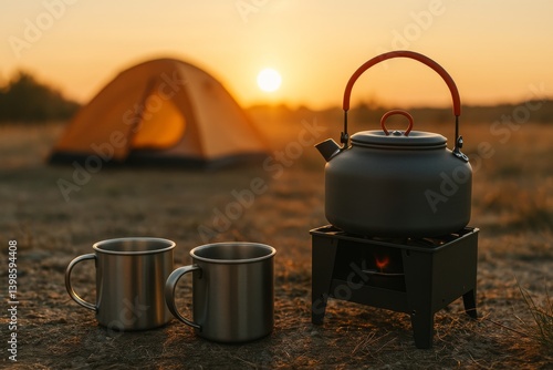 Campfire Kettle Brewing Tea Near Tent as Sunset Casts Warm Glow Over Campsite