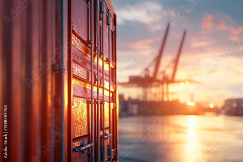 Cargo container in motion with port and cranes at sunset  a photorealistic close up shot