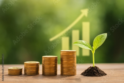 Stacks of Coins Next to a Small Plant Indicating Growth and Investment Potent...