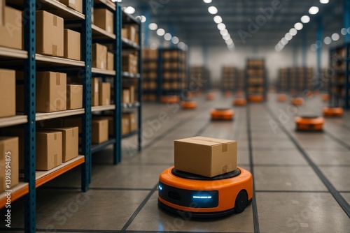 Automated Robots Transport Goods in a Busy Warehouse During Daylight Hours