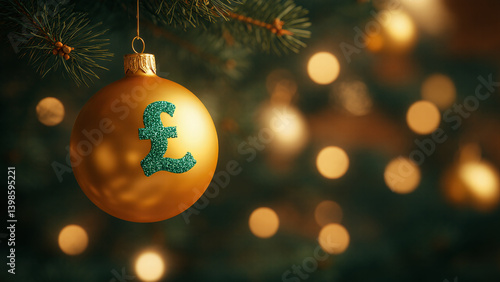 A golden Christmas ornament featuring a British pound symbol hangs delicately on a festive tree branch, surrounded by warm bokeh lights that evoke a cheerful holiday atmosphere.