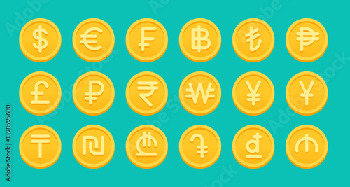 Dollar, Euro, Franc, Won, Pound etc. golden coins stack flat style vector illustration