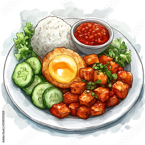 Nasi Lemak, watercolor illustration, isolated on a white background.

