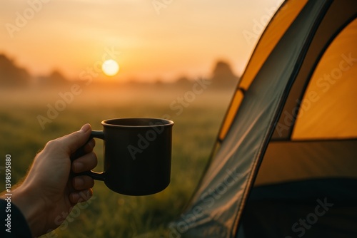 Enjoying a Morning Coffee at a Campsite During Sunrise in a Tranquil Field