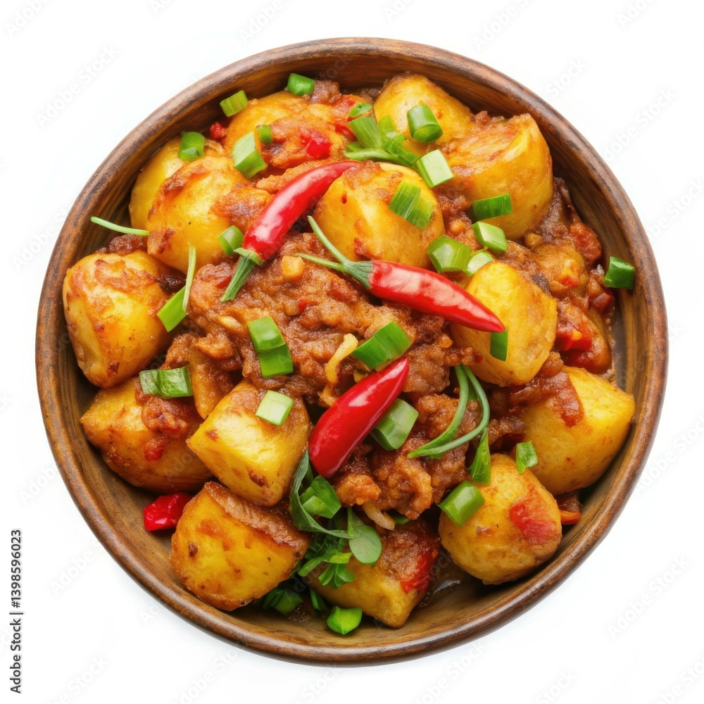 Spicy Potato Meat Stew vibrant colors in rustic bowl Spicy Potato Meat Stew vibrant colors in rustic bowl
