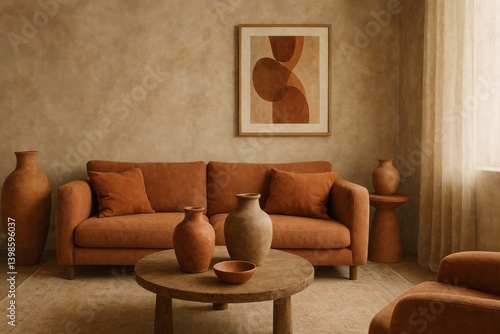 Cozy Living Room With Earthy Tones and Modern Decor Featuring Pottery and a S...