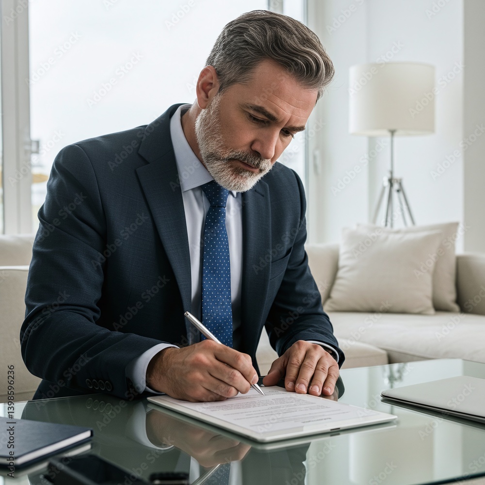 A man in a business suit signing a document at his desk. The scene evokes a sense of professionalism and attention to detail. A man in a business suit signing a document at his desk. The scene evokes a sense of professionalism and attention to detail.