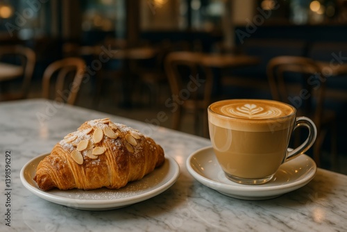 Delicious Almond Croissant Served With Creamy Latte in Cozy Cafe During Morni...