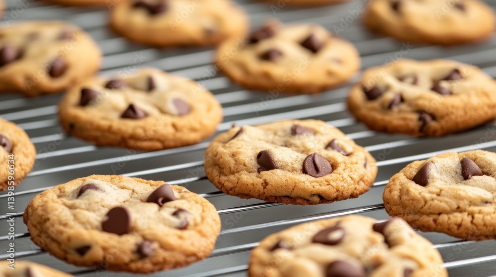 Chocolate chip cookies freshly baked on wire rack cooling homemade treats Chocolate chip cookies freshly baked on wire rack cooling homemade treats