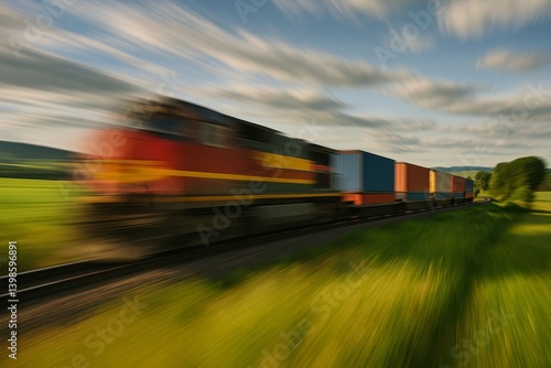 Freight Train Traveling Through Lush Green Fields Under a Cloudy Sky During G...