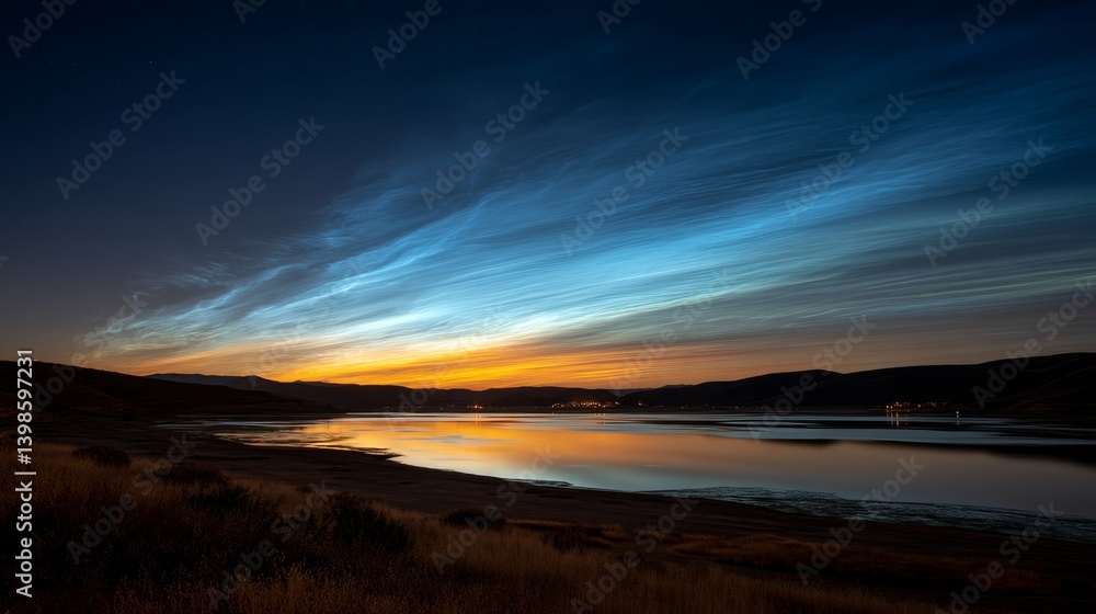 Fototapeta premium A tranquil lake reflects a vibrant twilight sky filled with deep blue and golden hues, while thin clouds gently float above the serene water