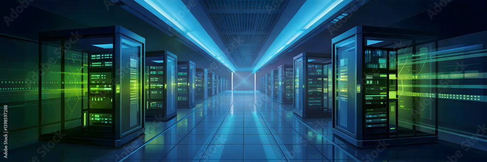 Digital Illustration of a Futuristic Data Center Hallway with Blue Lighting and Green-Glowing Server Racks in a High-Tech Facility Digital Illustration of a Futuristic Data Center Hallway with Blue Lighting and Green-Glowing Server Racks in a High-Tech Facility