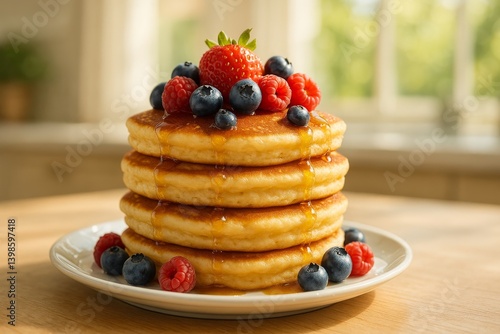 Fluffy Pancakes Stacked With Fresh Berries and Syrup in a Bright Kitchen Setting