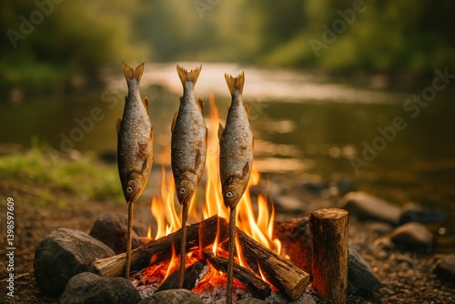 Fish Grilling Over an Open Fire by a River at Sunset in a Serene Natural Setting