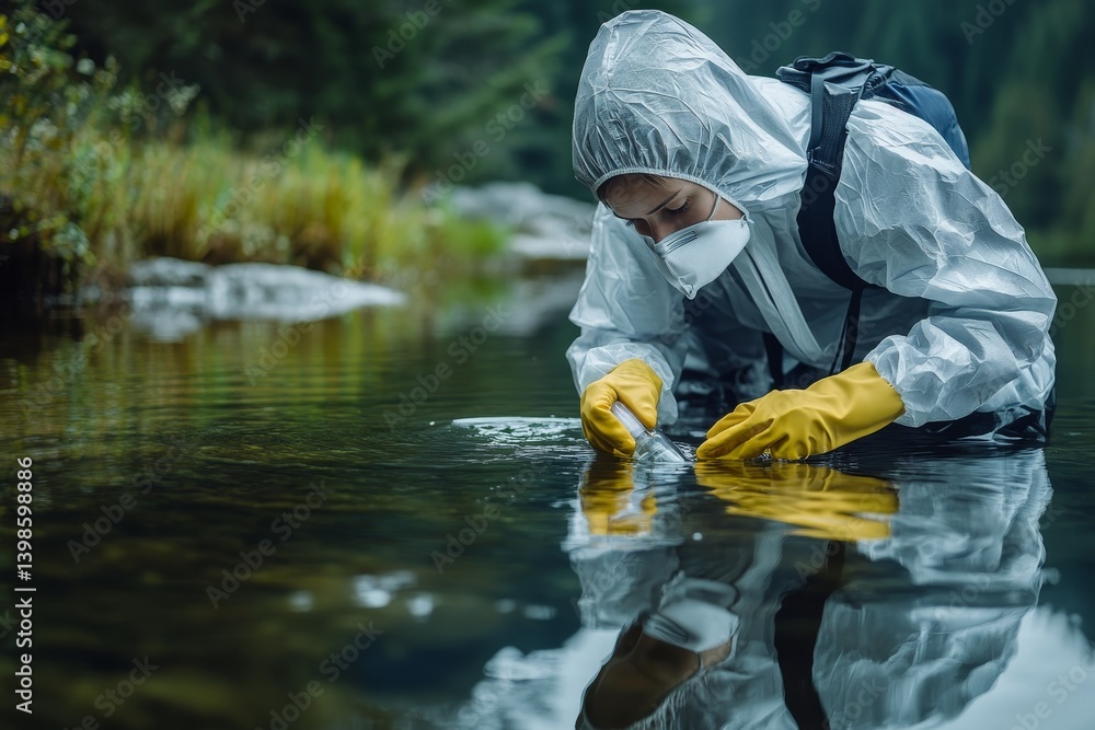 Female environmentalist collecting water samples for quality testing in protective gear by a lake