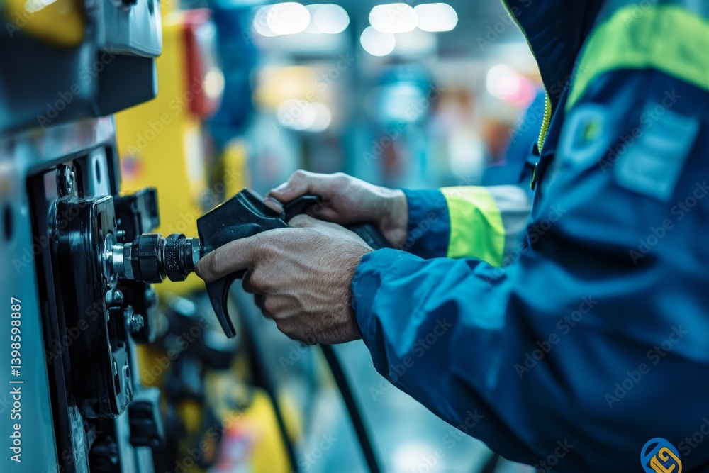 Worker in blue shirt and green jacket adjusts water tap with steel tape measure at gas station