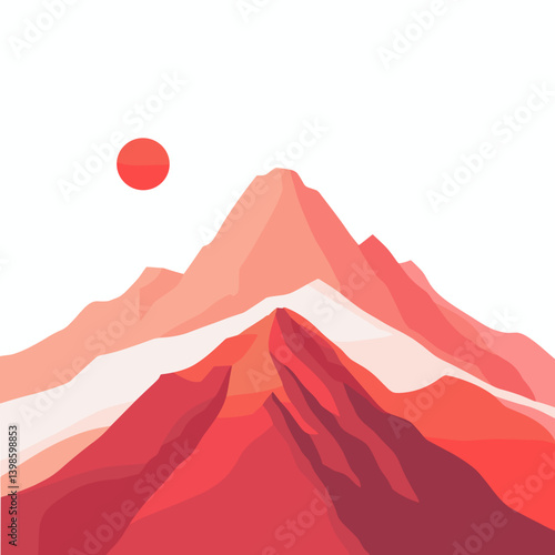 Red mountain peaks under sun in flat minimalist style


