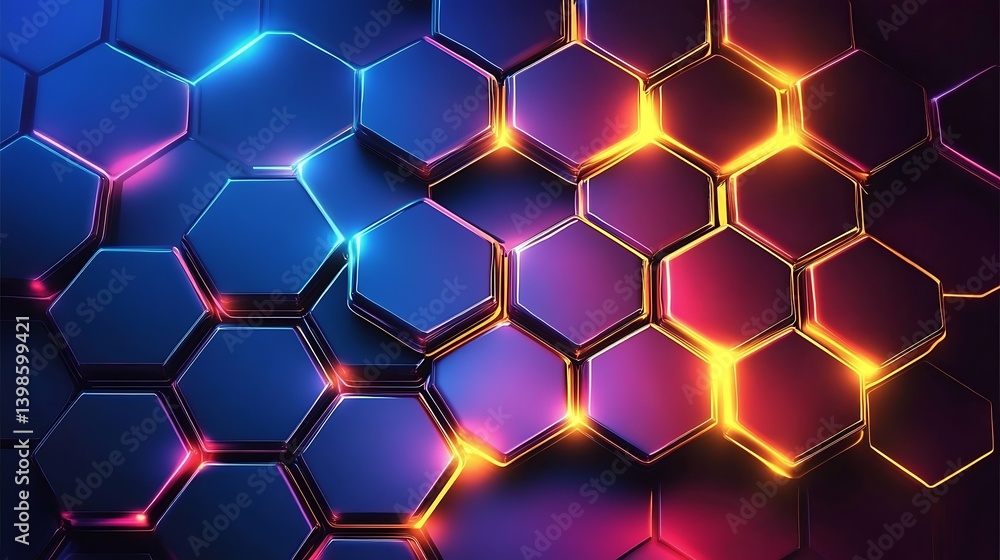 Abstract Hexagon Pattern, Neon Lights Abstract Hexagon Pattern, Neon Lights