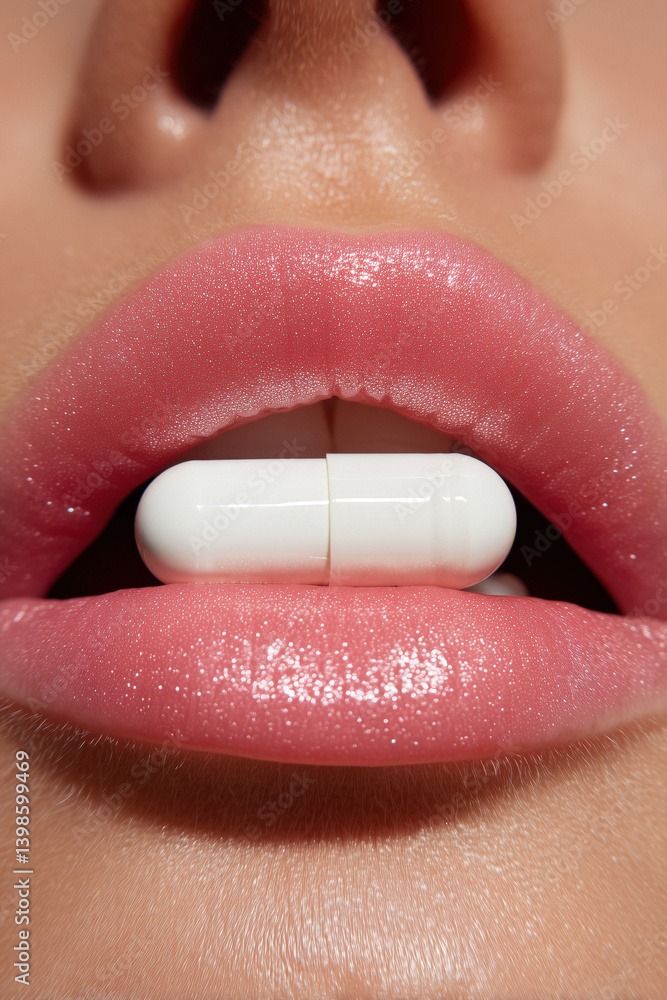 White capsule pill between woman's pink lips.